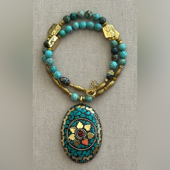 24 inch African inspired Colorful brass bead necklace NWOT - Picture 2 of 13